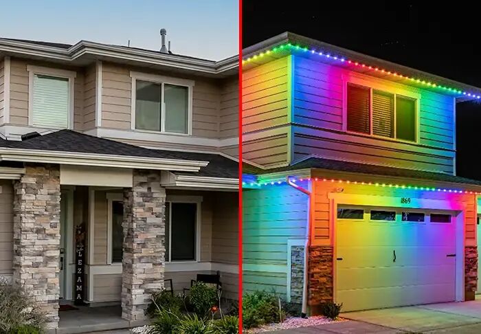 Two-storey home: by day on the left, permanent lights on at night on the right